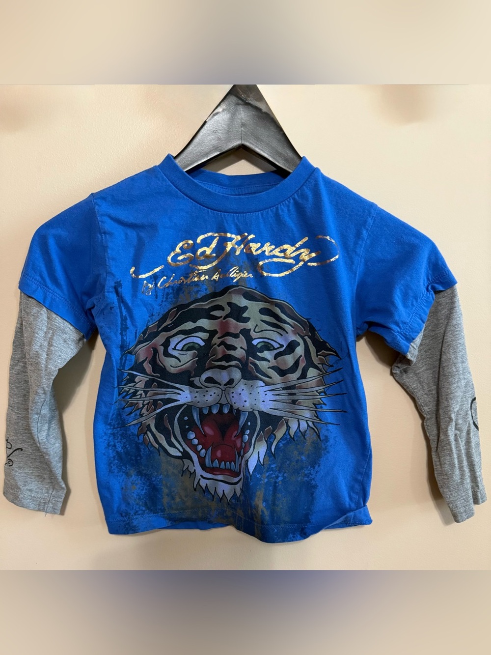 Vintage Ed Hardy Kids Royal Blue Tiger Face Long Sleeve Tee Sz 5/6